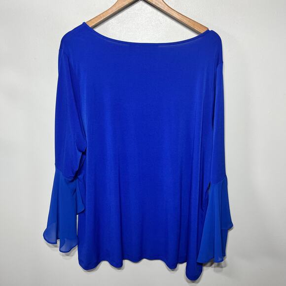 Susan Graver Tunic Cobalt Blue Ruffle Bell Sleeve Slinky Knit Dressy Office 2X - Picture 3 of 6